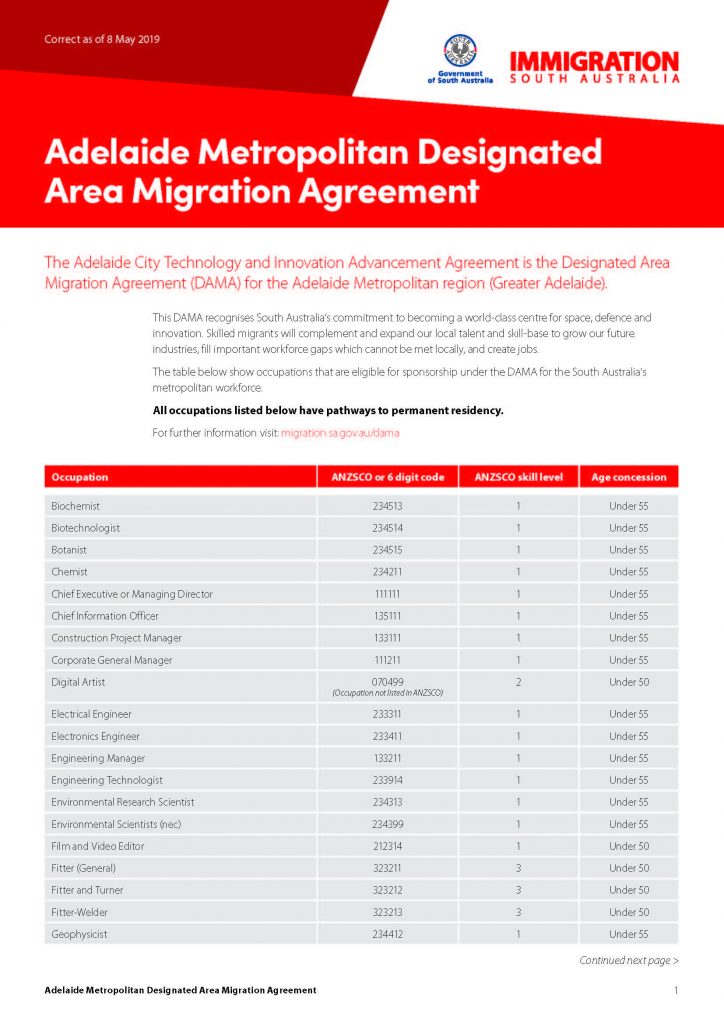 2019年5月南澳公布DAMA雇主资格要求及职业清单