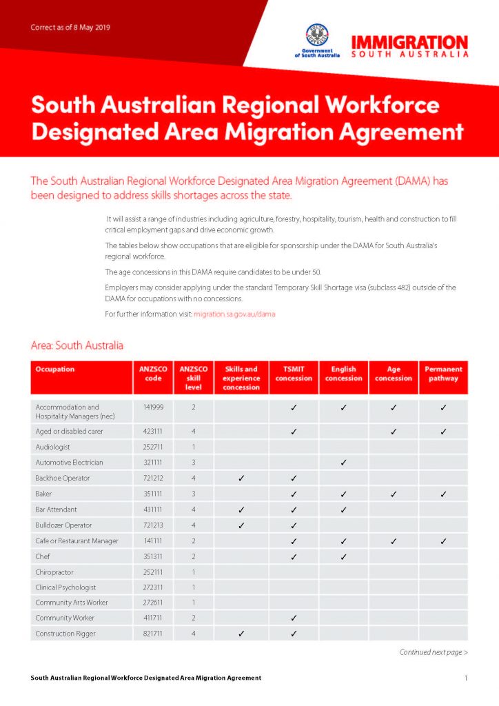 2019年5月南澳公布DAMA雇主资格要求及职业清单